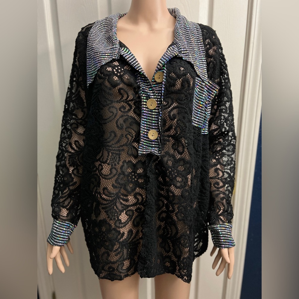 Chic Sparkle Black Lace Blouse with Button Detail